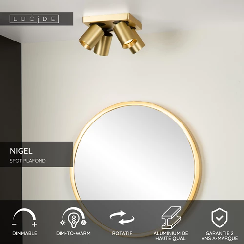 Lucide NIGEL - Spot plafond - LED Dim to warm - GU10 - 4x5W 2200K/3000K - Or Mat / Laiton - USP
